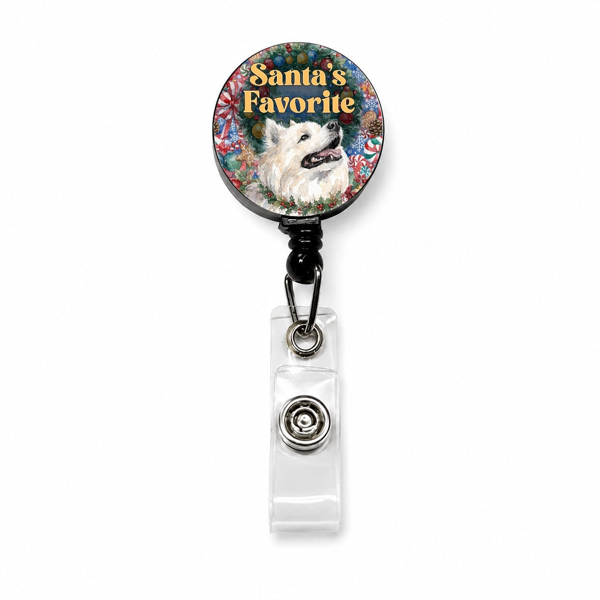 American Eskimo Dog Christmas Santa's Favorite Retractable ID Key Card Name Tag Badge Holder with Clip