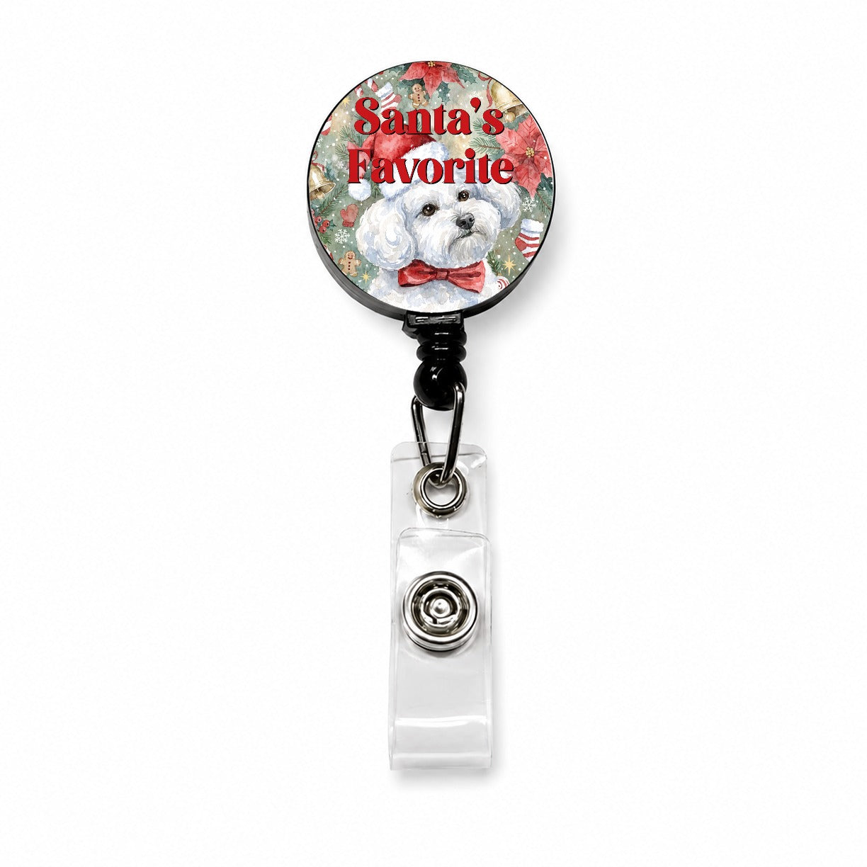 Bichon Frise Dog Christmas Santa's Favorite Retractable ID Key Card Name Tag Badge Holder with Clip