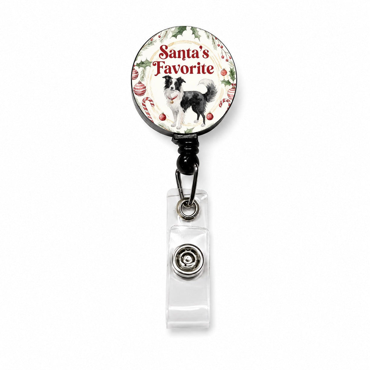 Border Collie Dog Christmas Santa's Favorite Retractable ID Key Card Name Tag Badge Holder with Clip