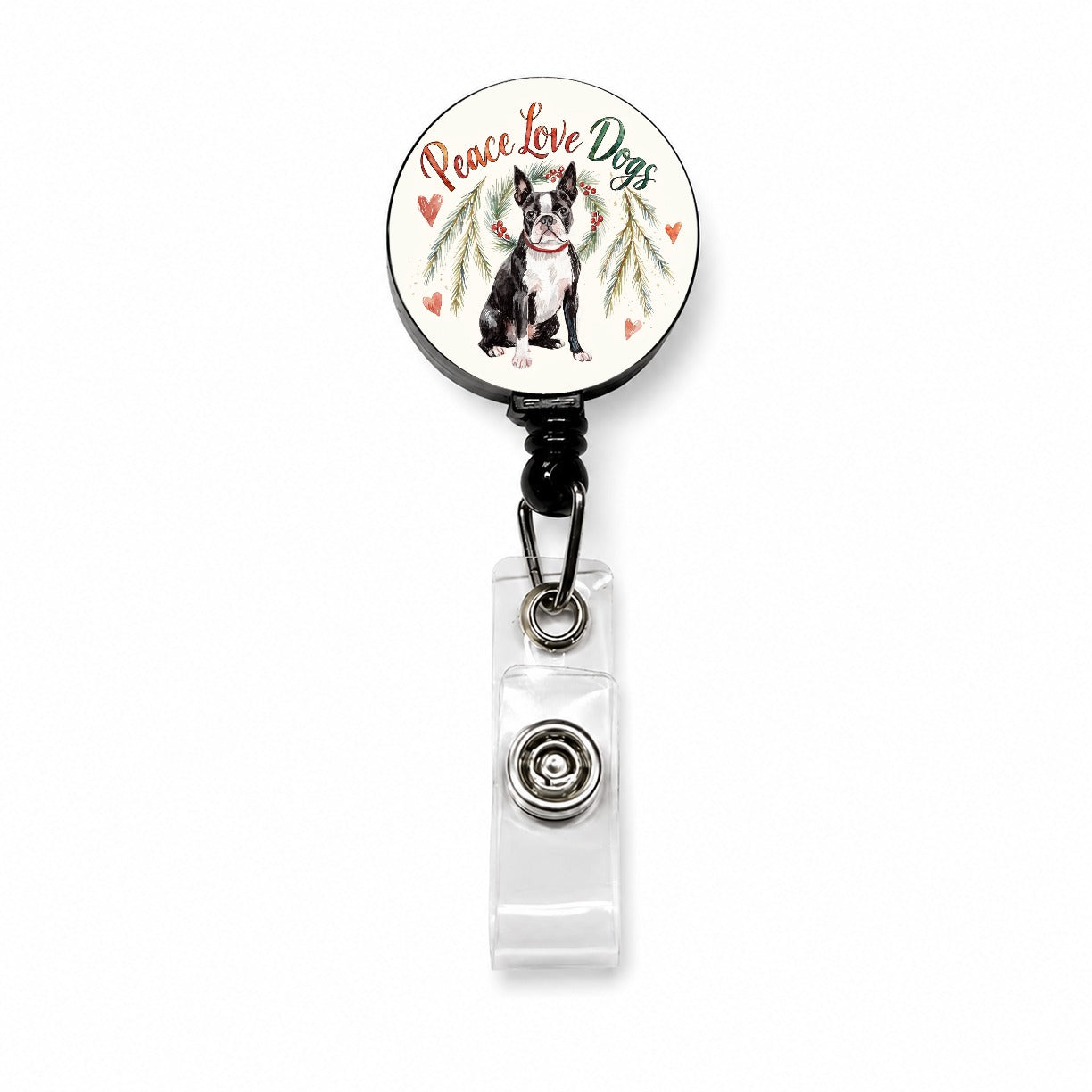 Boston Terrier Peace Love Dogs Christmas Retractable ID Key Card Name Tag Badge Holder with Clip