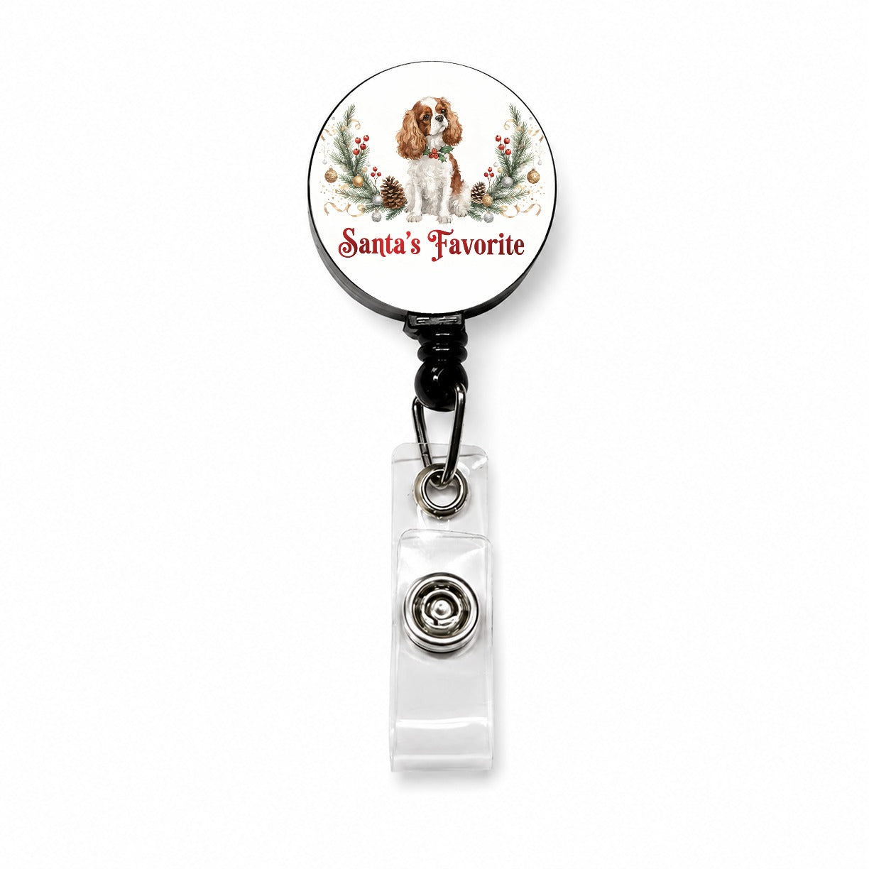 Cavalier King Charles Spaniel Dog Christmas Santa's Favorite Retractable ID Key Card Name Tag Badge Holder with Clip