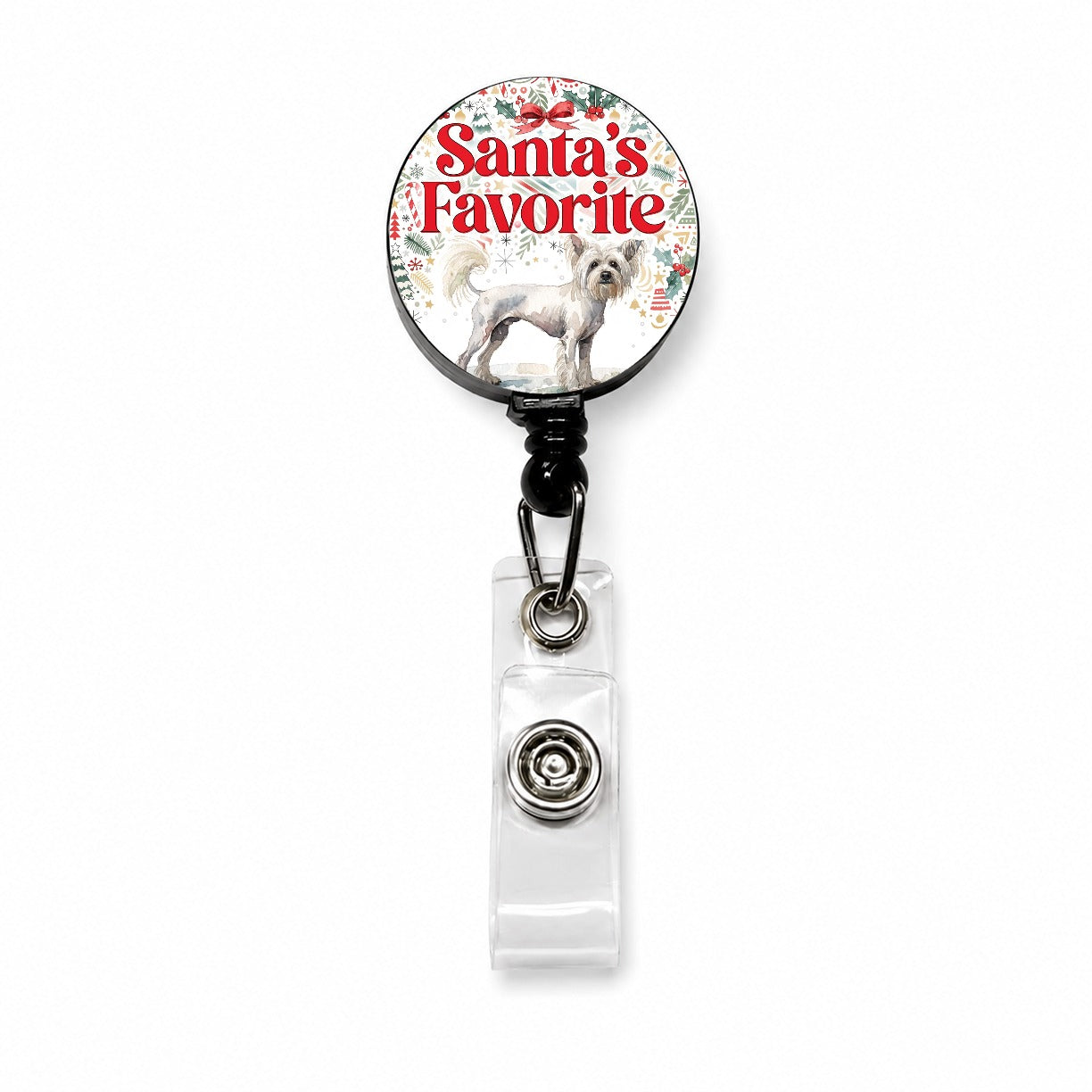 Chinese Crested Dog Christmas Santa's Favorite Retractable ID Key Card Name Tag Badge Holder with Clip