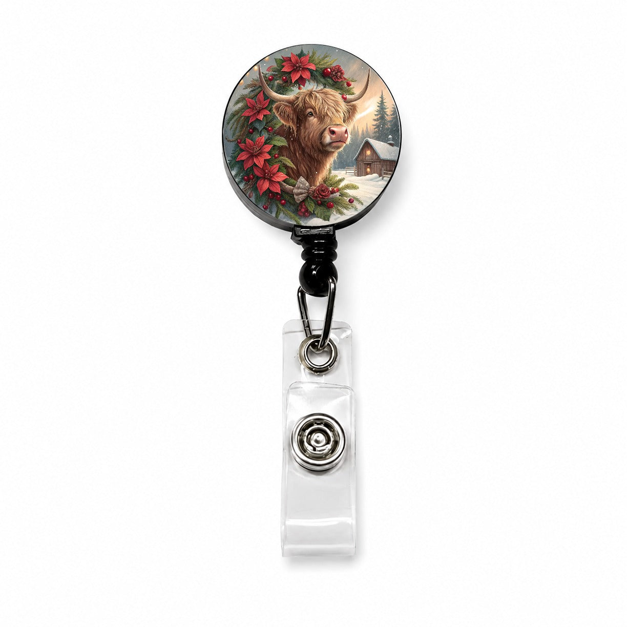 Christmas Highland Cow Barn Retractable ID Key Card Name Tag Badge Holder with Clip