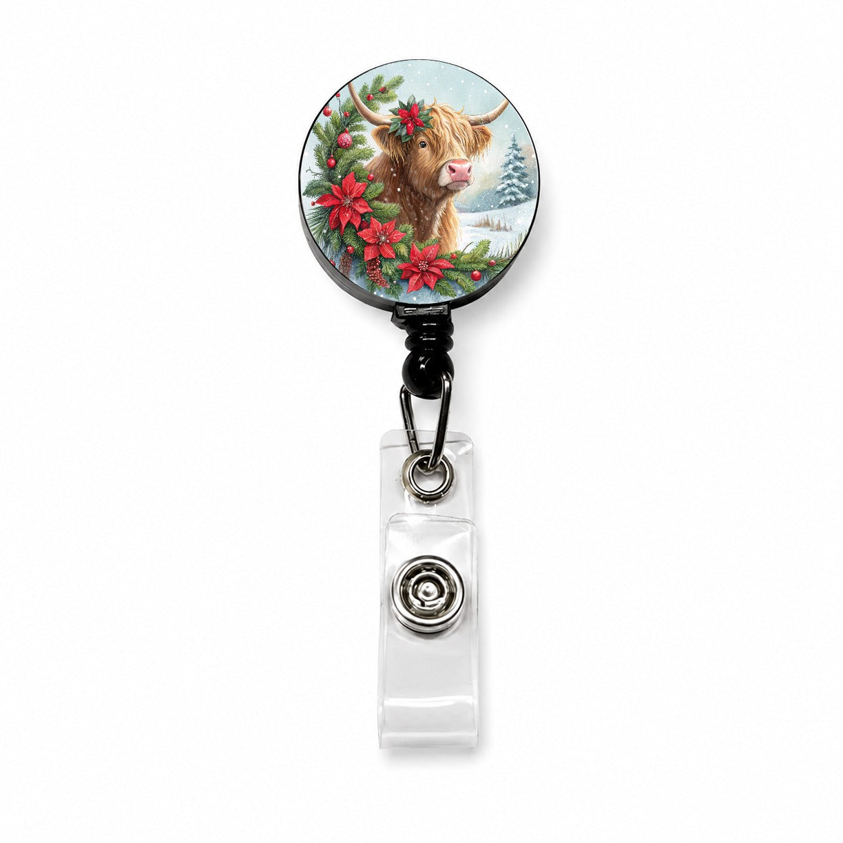 Christmas Highland Cow Retractable ID Key Card Name Tag Badge Holder with Clip