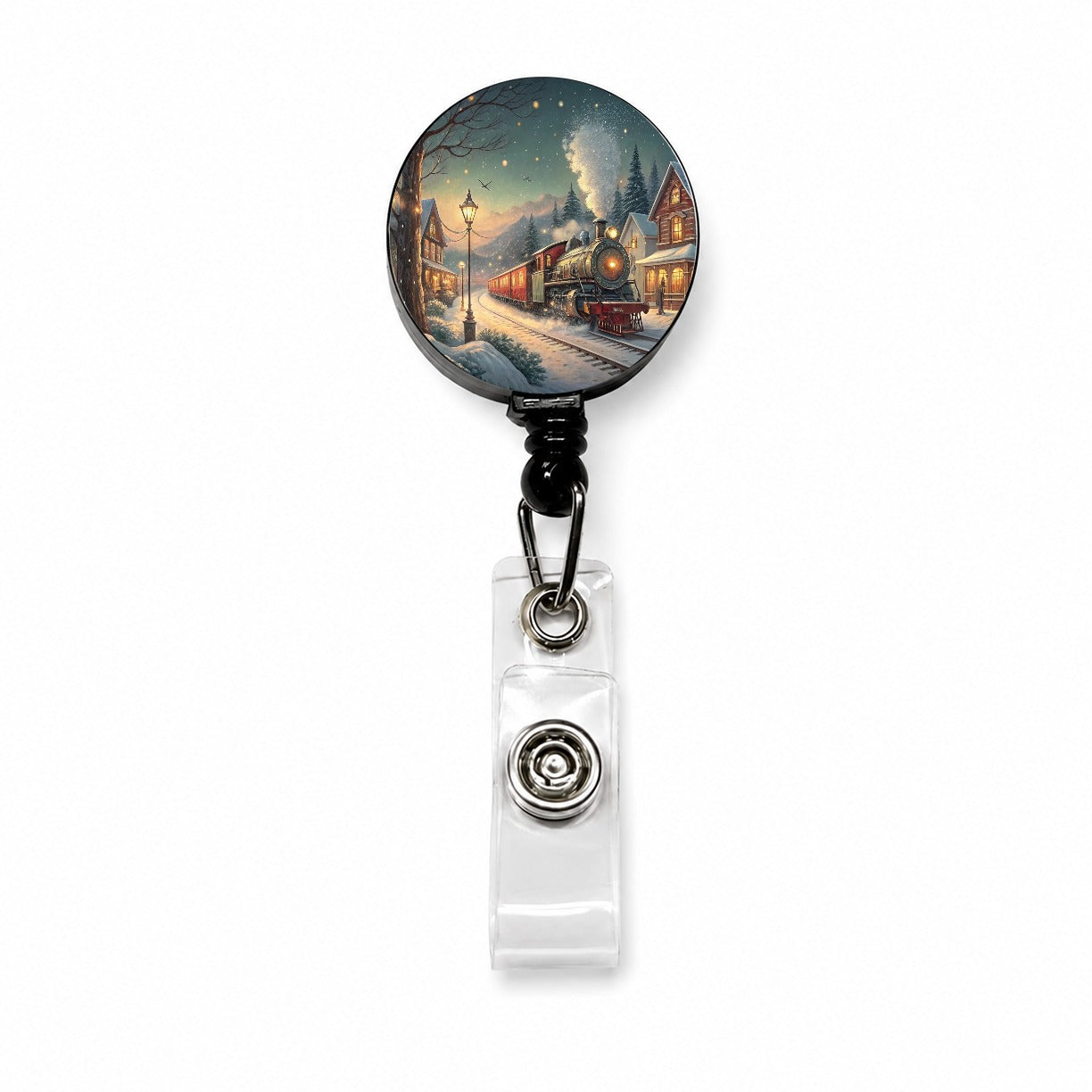Christmas Train Snowy Village Retractable ID Key Card Name Tag Badge Holder with Clip