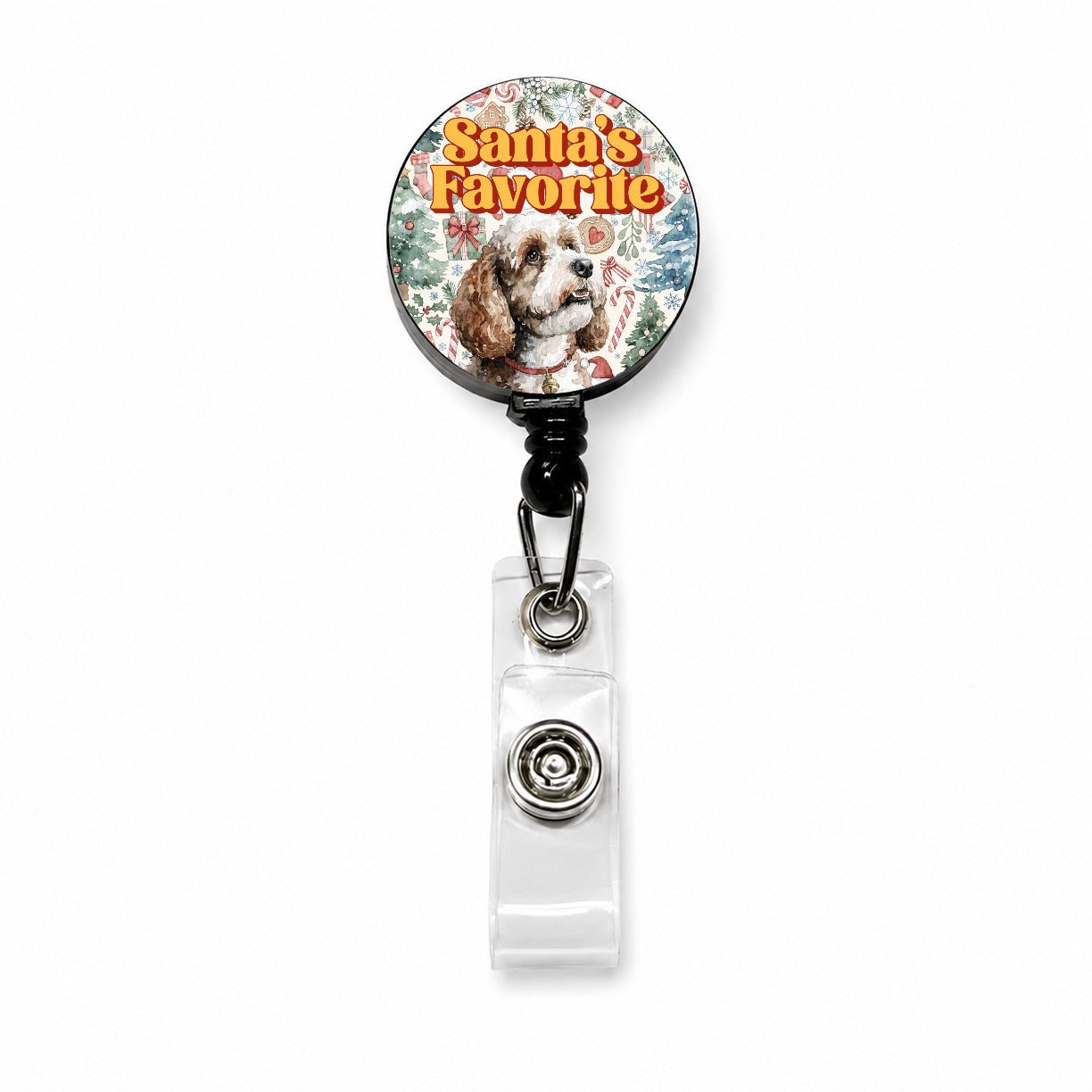 Cockapoo Dog Christmas Santa's Favorite Retractable ID Key Card Name Tag Badge Holder with Clip