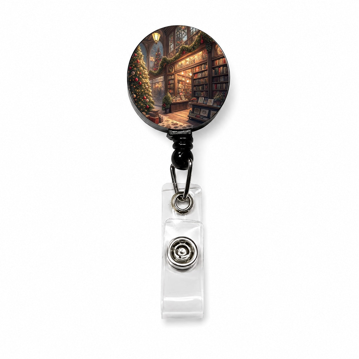 Cozy Christmas Bookstore Library Retractable ID Key Card Name Tag Badge Holder with Clip