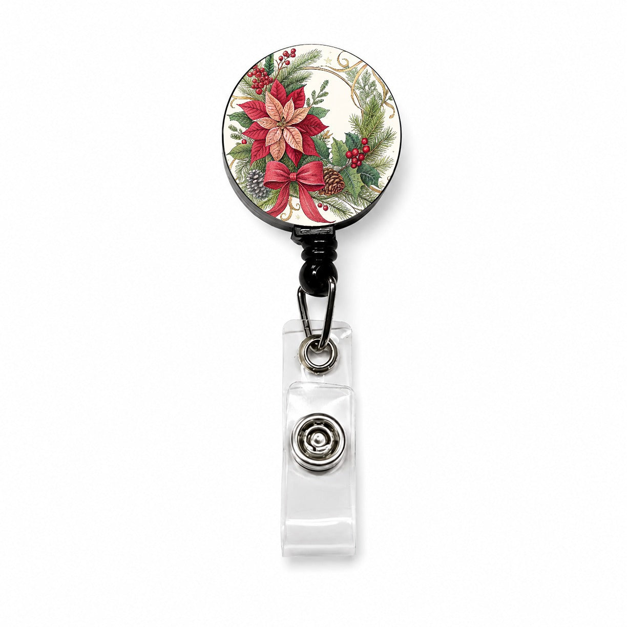 Poinsettias Holly Berries Christmas Retractable ID Key Card Name Tag Badge Holder with Clip