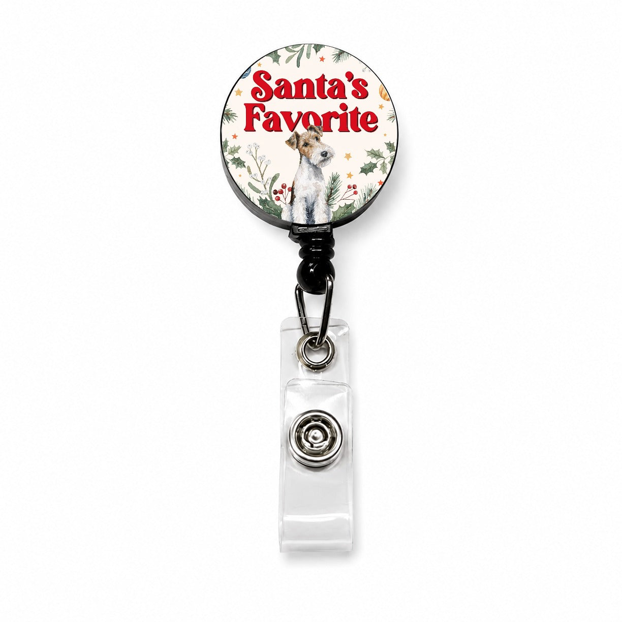 Wire Fox Terrier Dog Christmas Santa's Favorite Retractable ID Key Card Name Tag Badge Holder with Clip