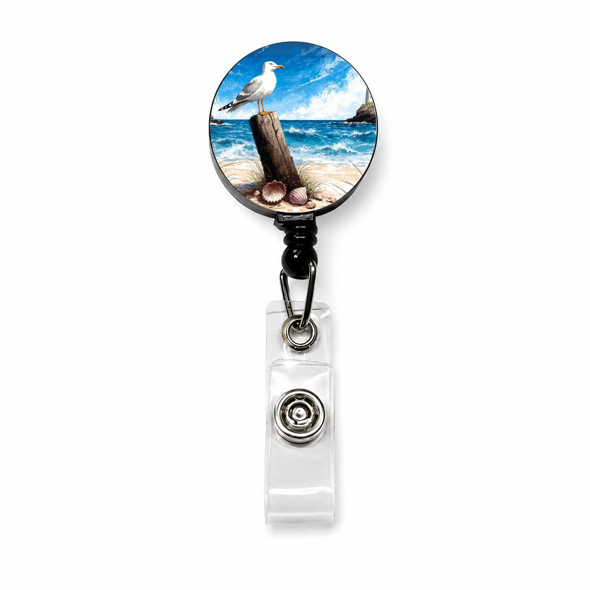Coastal Seagull Beach Scene Retractable ID Key Card Name Tag Badge Holder with Clip