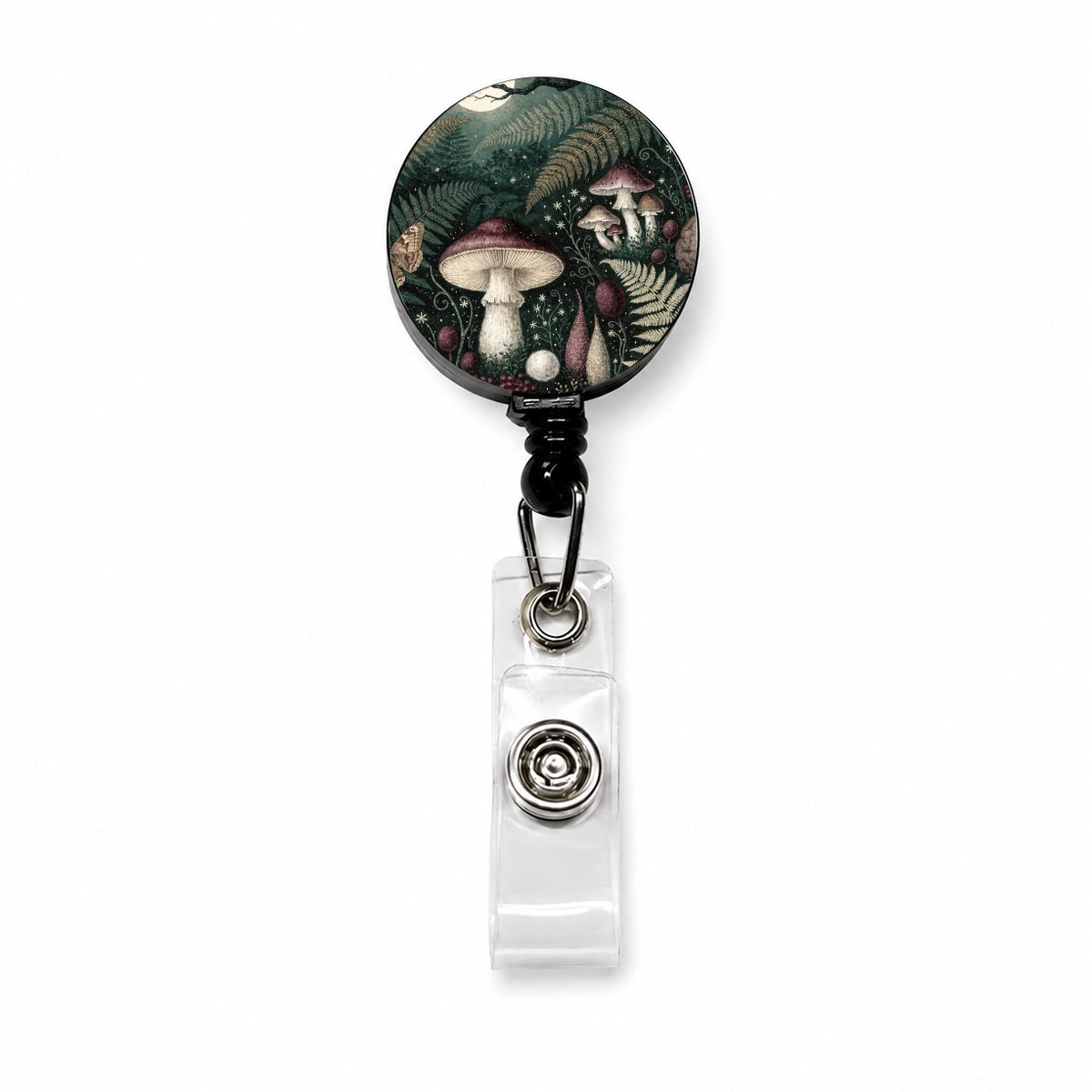Enchanted Forest Floor Mushrooms Ferns Retractable ID Key Card Name Tag Badge Holder with Clip