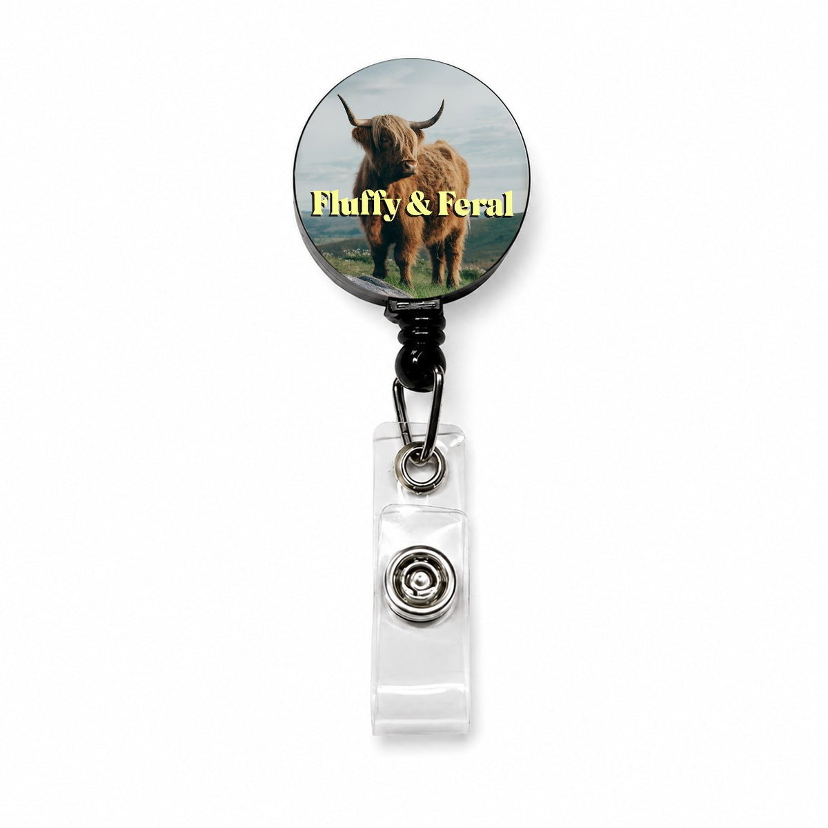 Fluffy Feral Highland Cow Funny Retractable ID Key Card Name Tag Badge Holder with Clip
