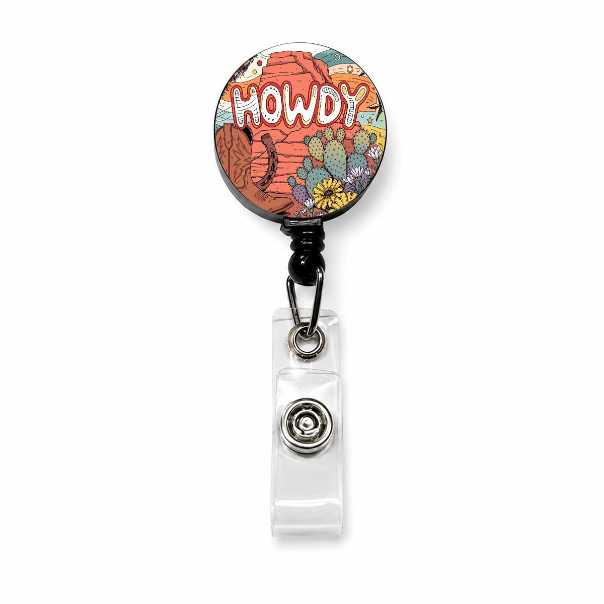Howdy Country Cowboy Boot Cactus Retractable ID Key Card Name Tag Badge Holder with Clip