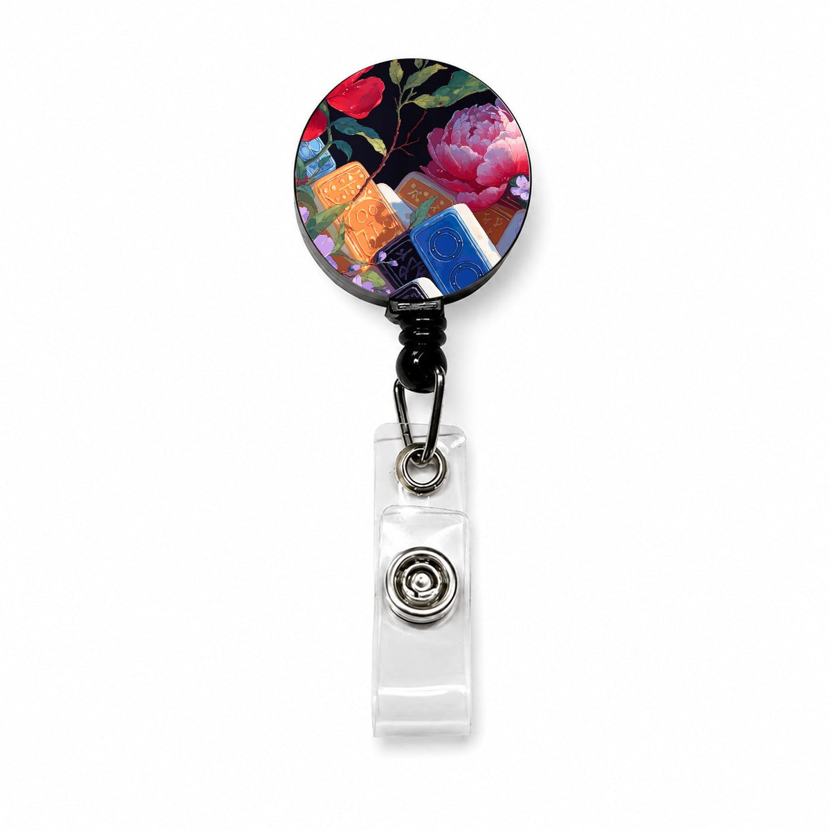 Mahjong Tiles Flowers Retractable ID Key Card Name Tag Badge Holder with Clip
