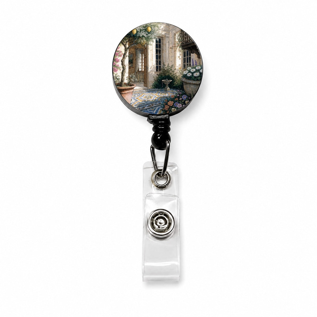Mediterranean Courtyard Garden Retractable ID Key Card Name Tag Badge Holder with Clip