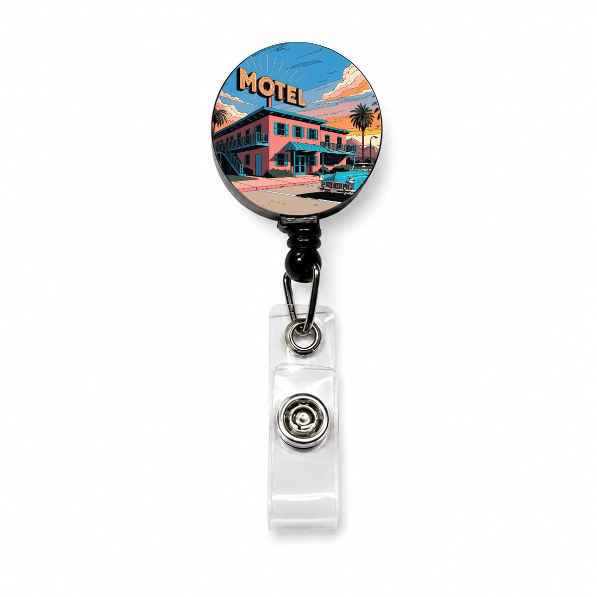Mid Century Roadside Motel Retractable ID Key Card Name Tag Badge Holder with Clip