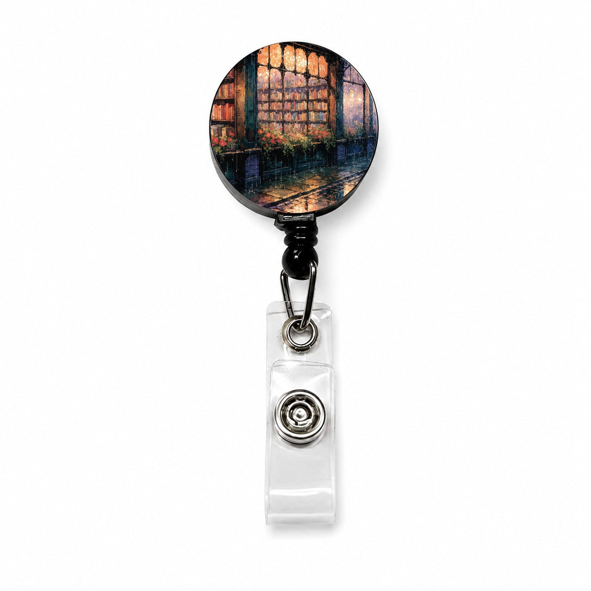 Rainy Bookshop Street Retractable ID Key Card Name Tag Badge Holder with Clip