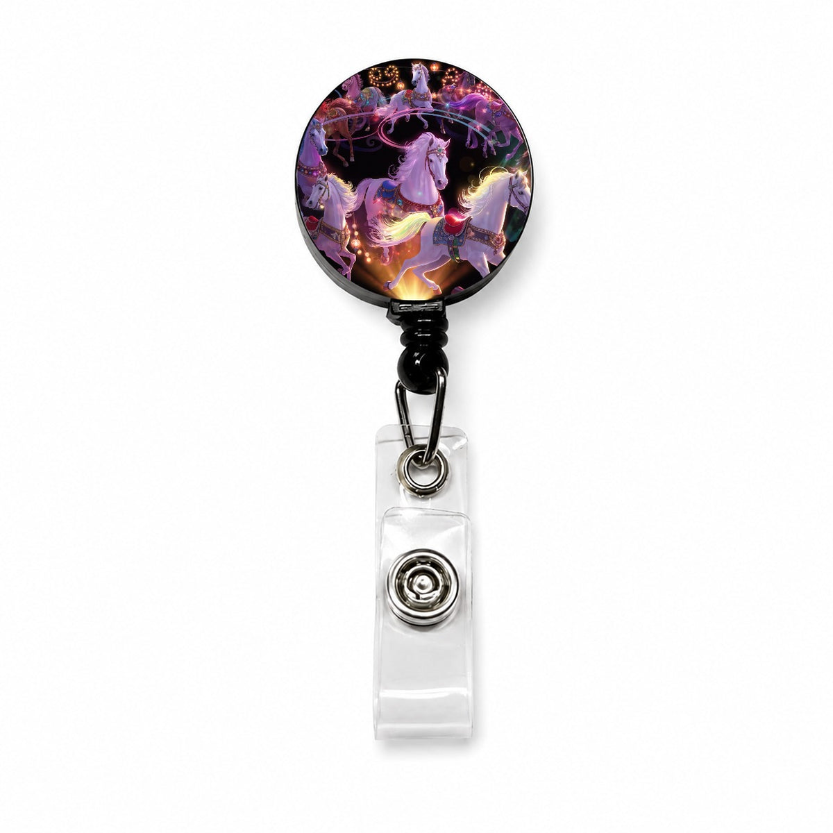 Vintage Carousel Horses Retractable ID Key Card Name Tag Badge Holder with Clip