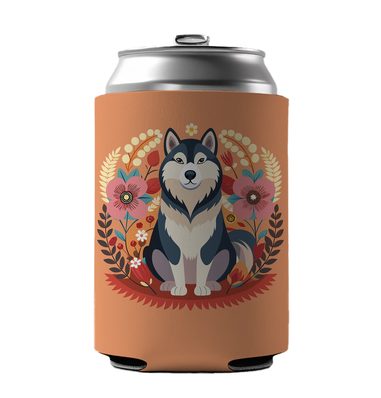 Alaskan Malamute Dog Floral Flowers Can Cooler Beer Soda Drink Insulated Holder Sleeve Hugger