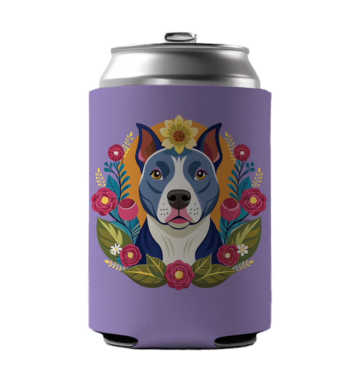 American Pit Bull Terrier Dog Floral Flowers Can Cooler Beer Soda Drink Insulated Holder Sleeve Hugger