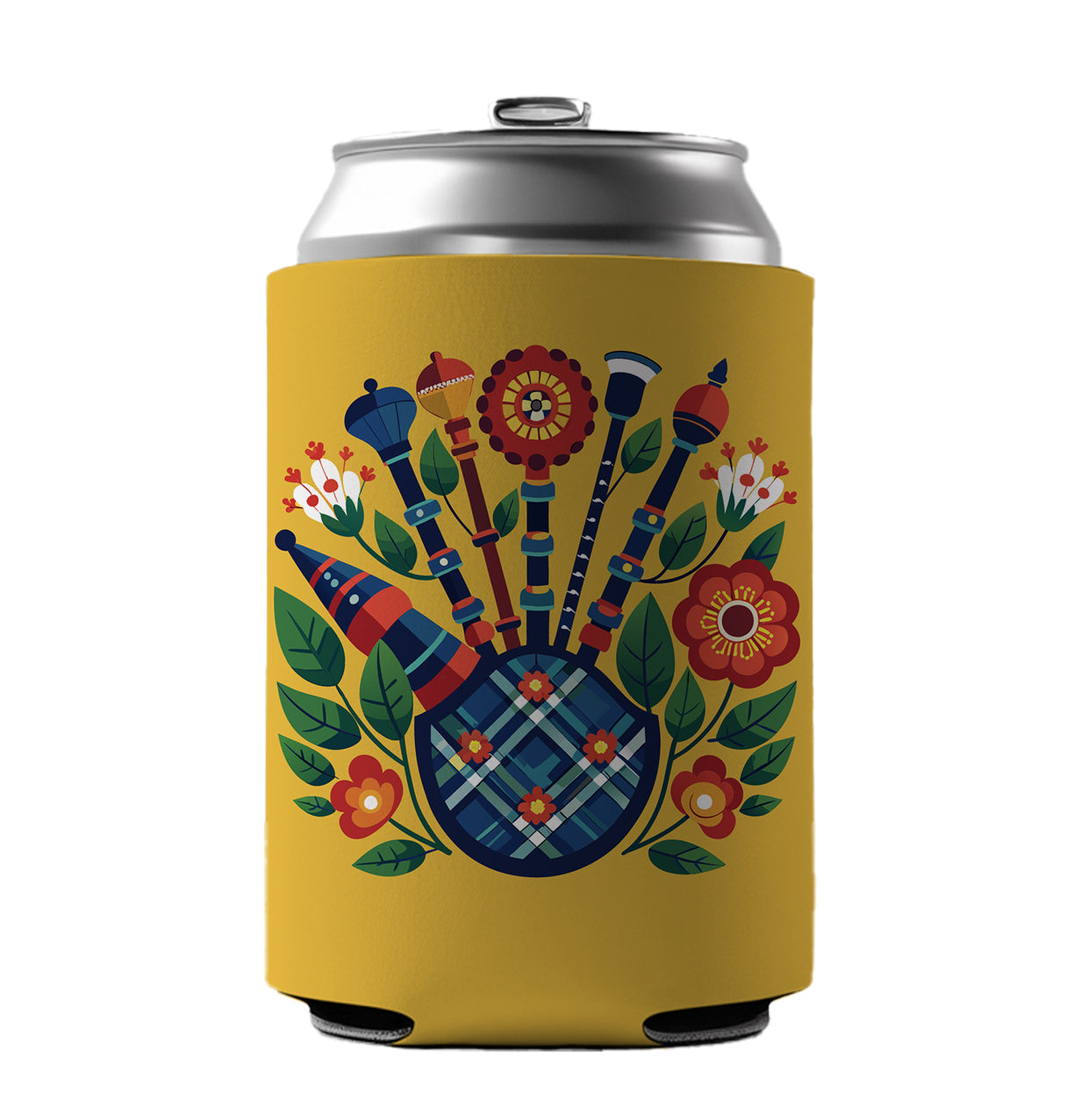 Bagpipes Music Floral Motif Can Cooler Beer Soda Drink Insulated Holder Sleeve Hugger