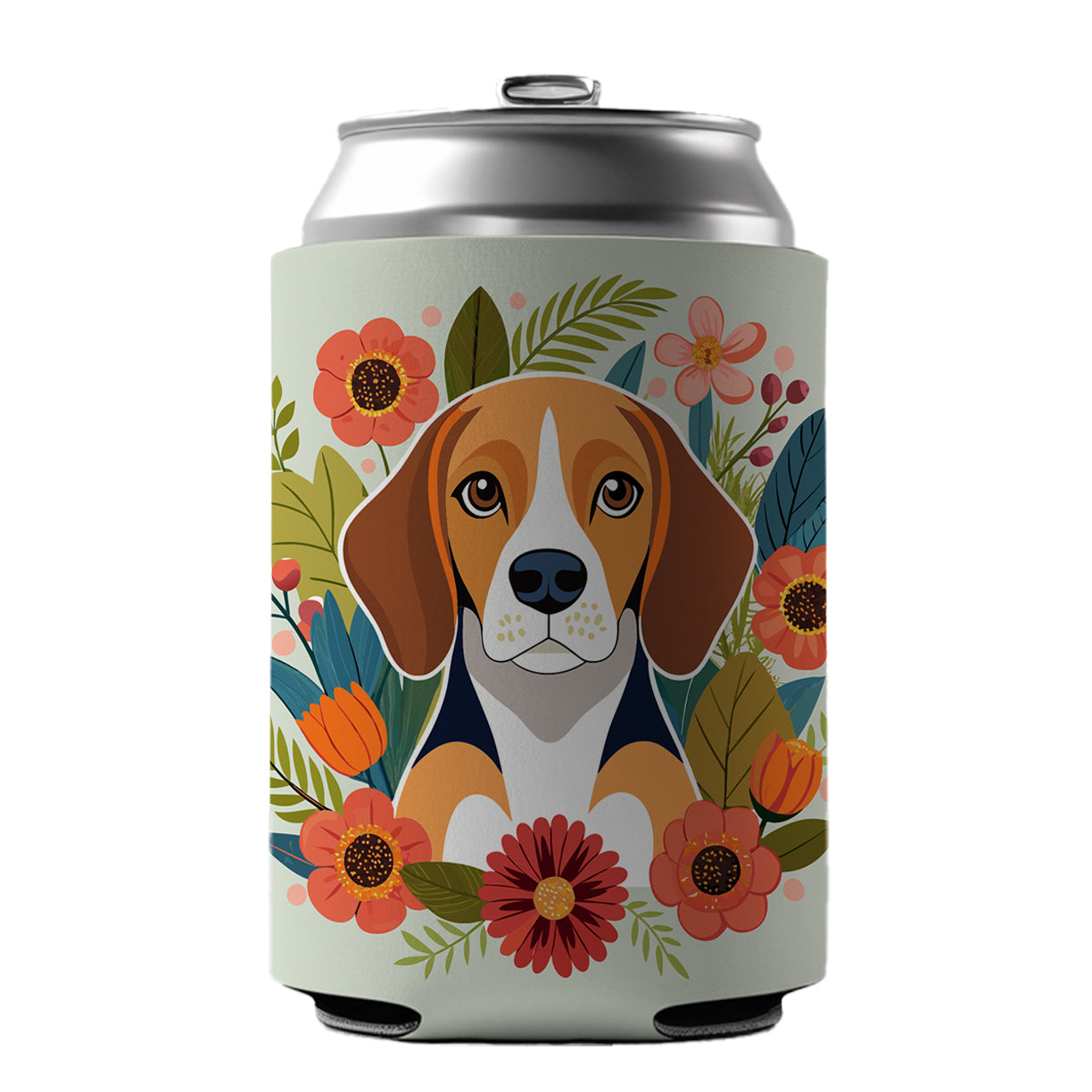 Beagle Dog Floral Flowers Can Cooler Beer Soda Drink Insulated Holder Sleeve Hugger