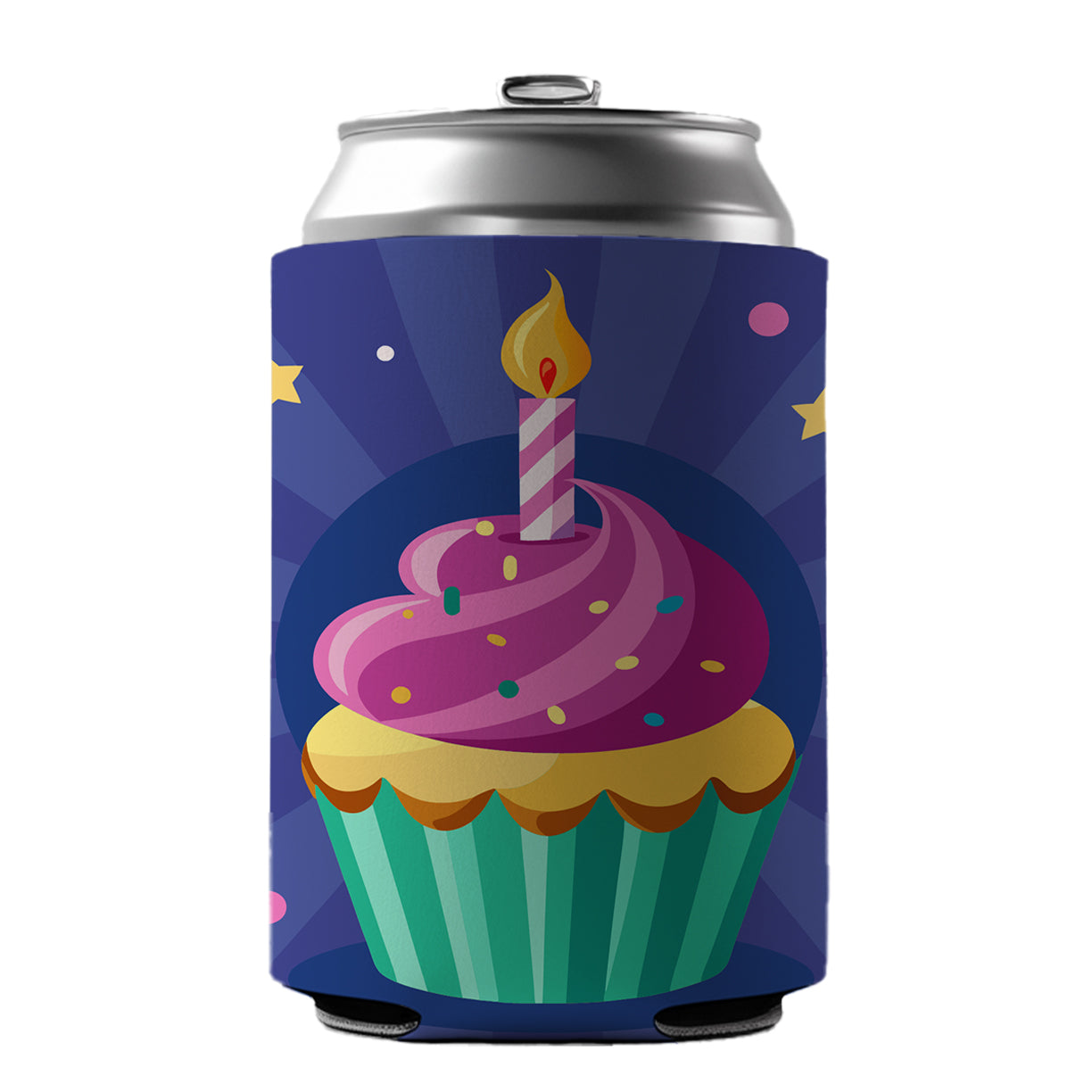 Birthday Cupcake with Candle Can Cooler Beer Soda Drink Insulated Holder Sleeve Hugger