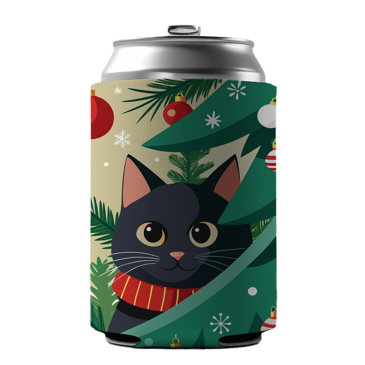 Black Cat Hiding in Christmas Tree Can Cooler Beer Soda Drink Insulated Holder Sleeve Hugger