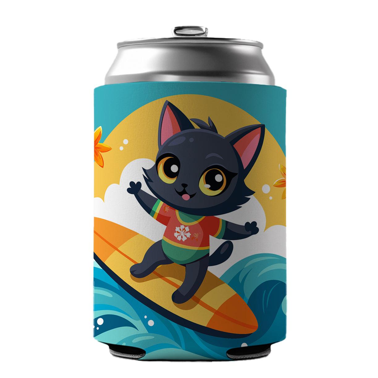 Black Cat Kitty Girl Surfing Can Cooler Beer Soda Drink Insulated Holder Sleeve Hugger