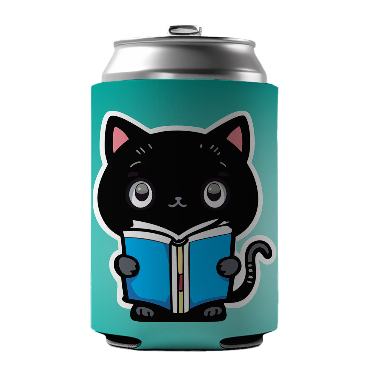 Black Cat Reading Book Can Cooler Beer Soda Drink Insulated Holder Sleeve Hugger