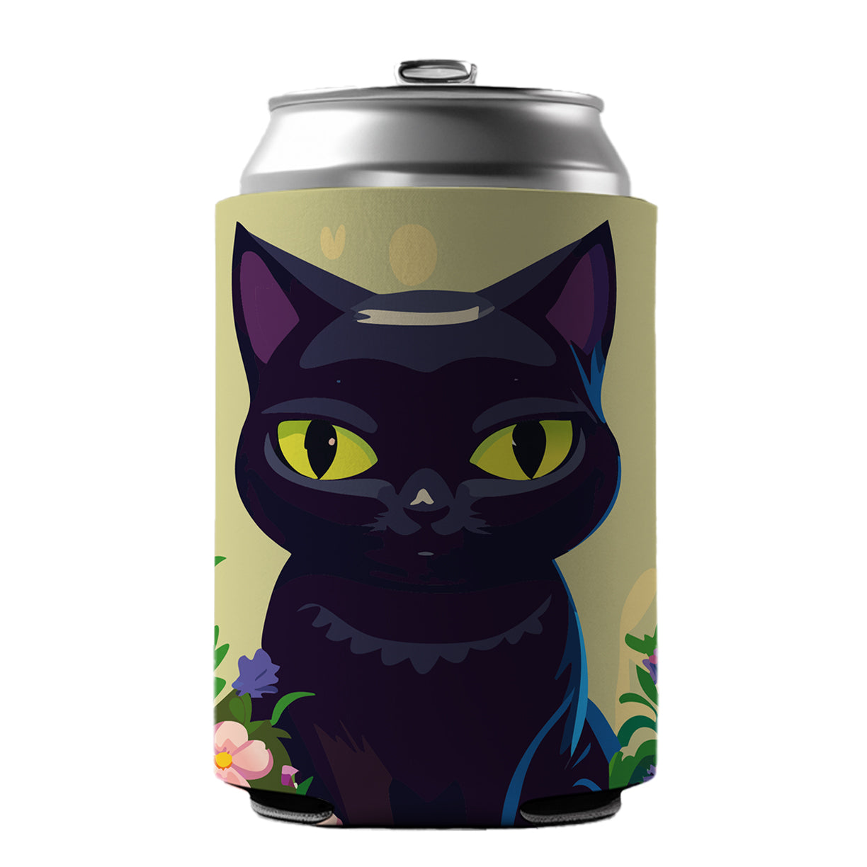 Black White Cat in Flower Garden Can Cooler Beer Soda Drink Insulated Holder Sleeve Hugger