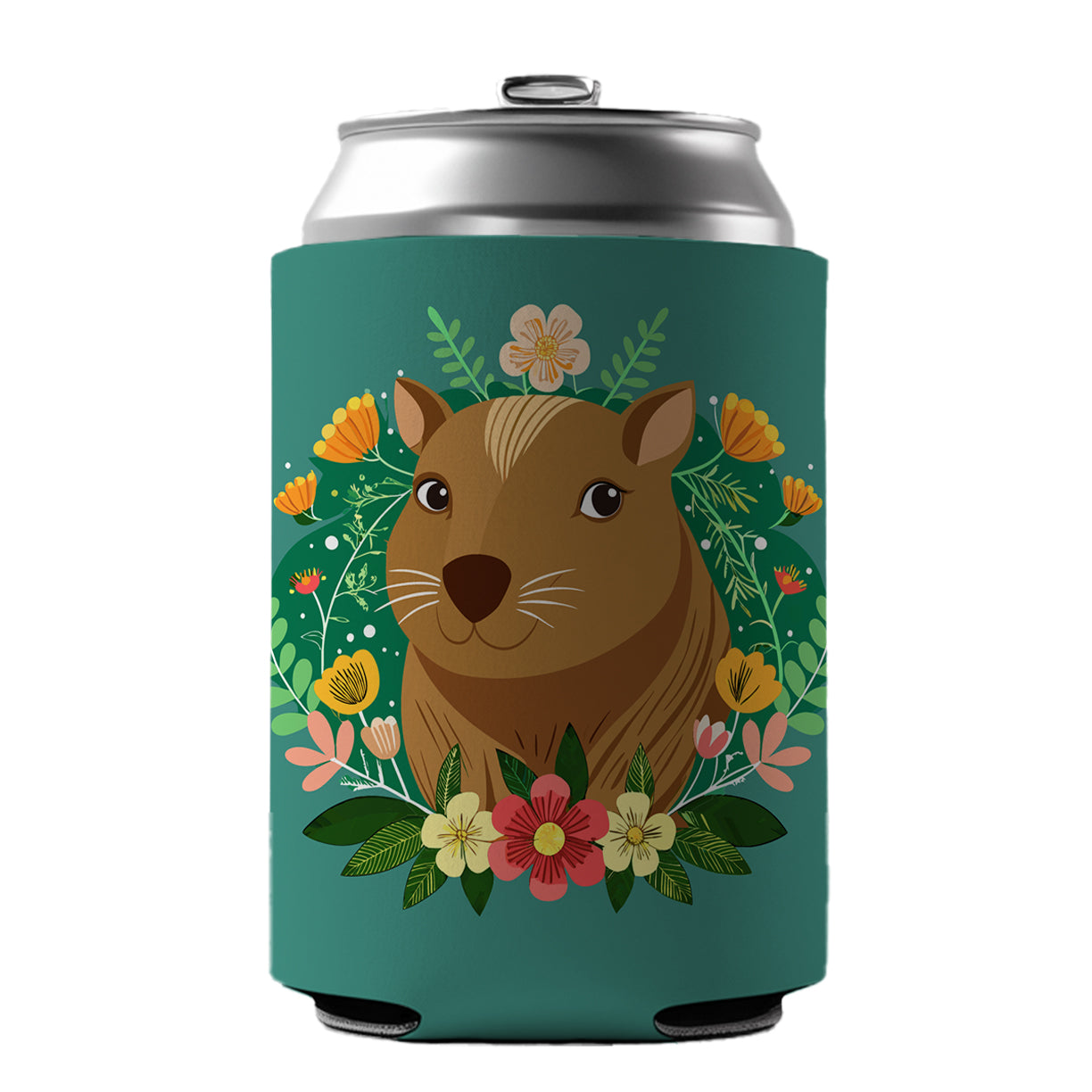 Capybara Head Floral Flowers Can Cooler Beer Soda Drink Insulated Holder Sleeve Hugger
