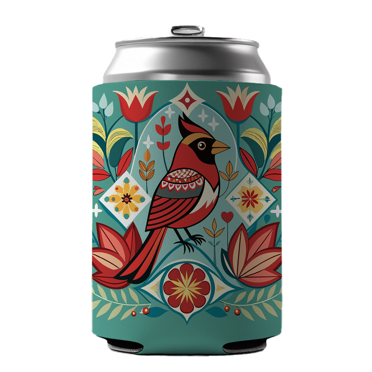 Cardinal Bird Floral Flowers Can Cooler Beer Soda Drink Insulated Holder Sleeve Hugger