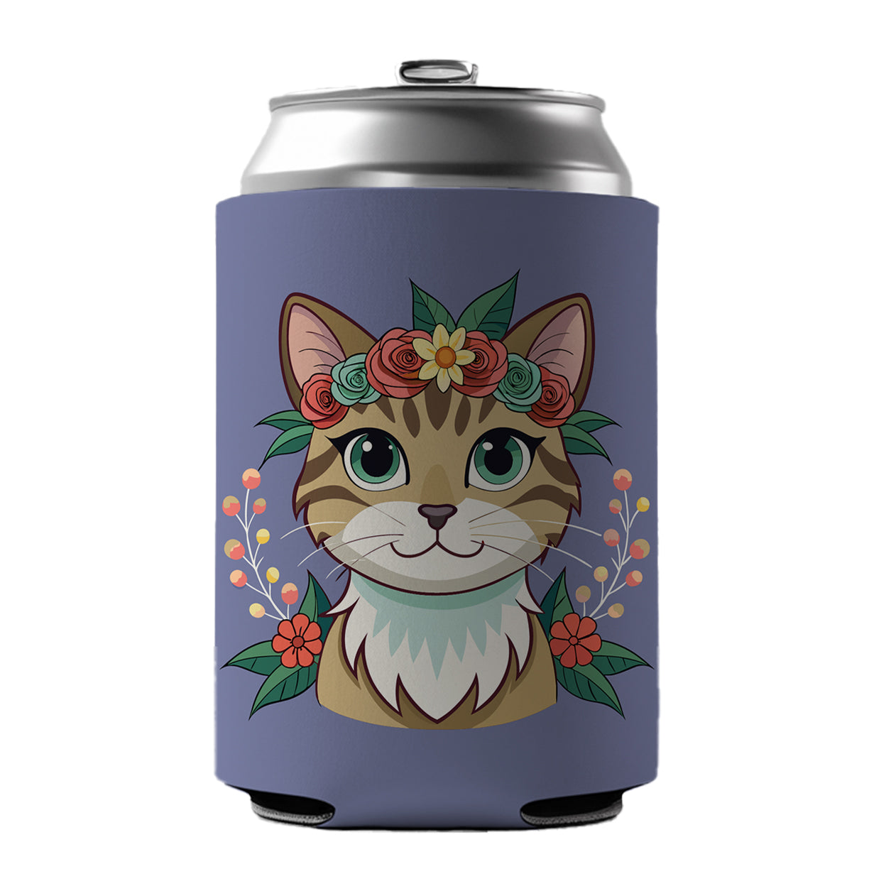 Cat Head Floral Flowers Can Cooler Beer Soda Drink Insulated Holder Sleeve Hugger