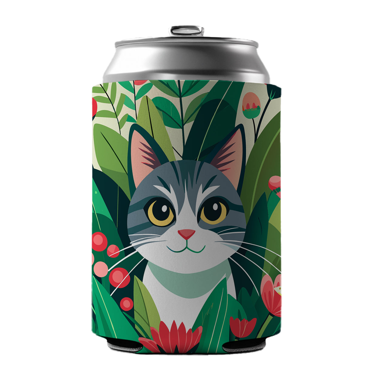 Cat Hiding in Flower Garden Can Cooler Beer Soda Drink Insulated Holder Sleeve Hugger