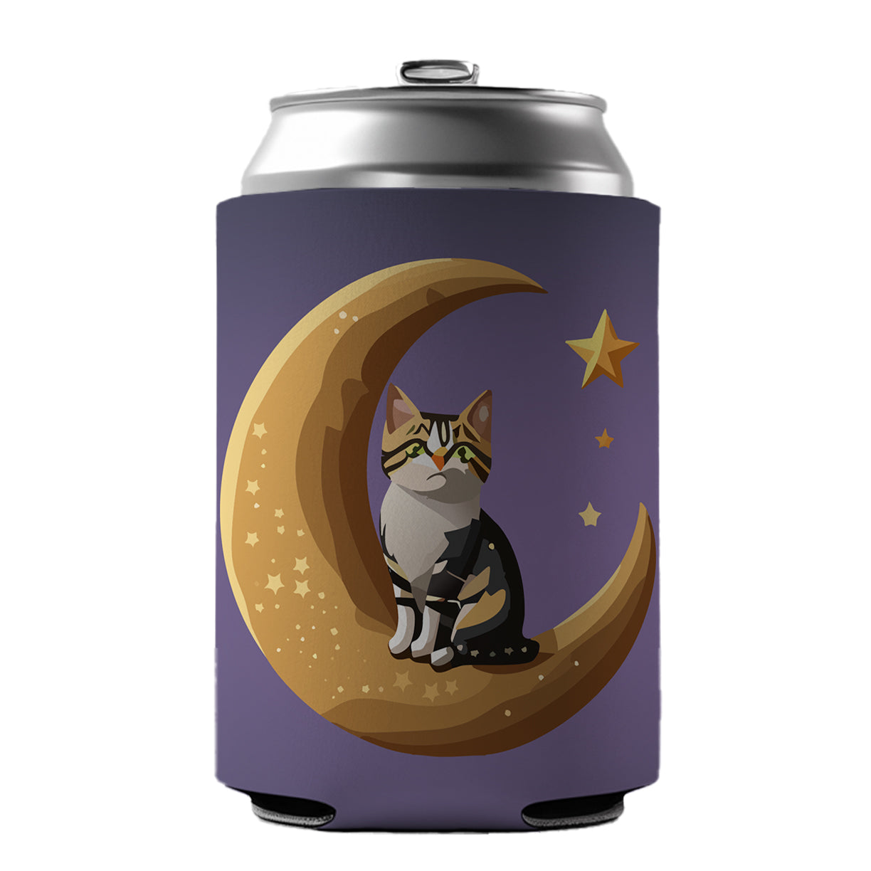 Cat on Crescent Moon Stars Cute Can Cooler Beer Soda Drink Insulated Holder Sleeve Hugger