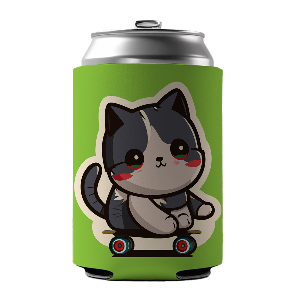 Cat Riding Skateboard Skater Kawaii Cute Can Cooler Beer Soda Drink Insulated Holder Sleeve Hugger
