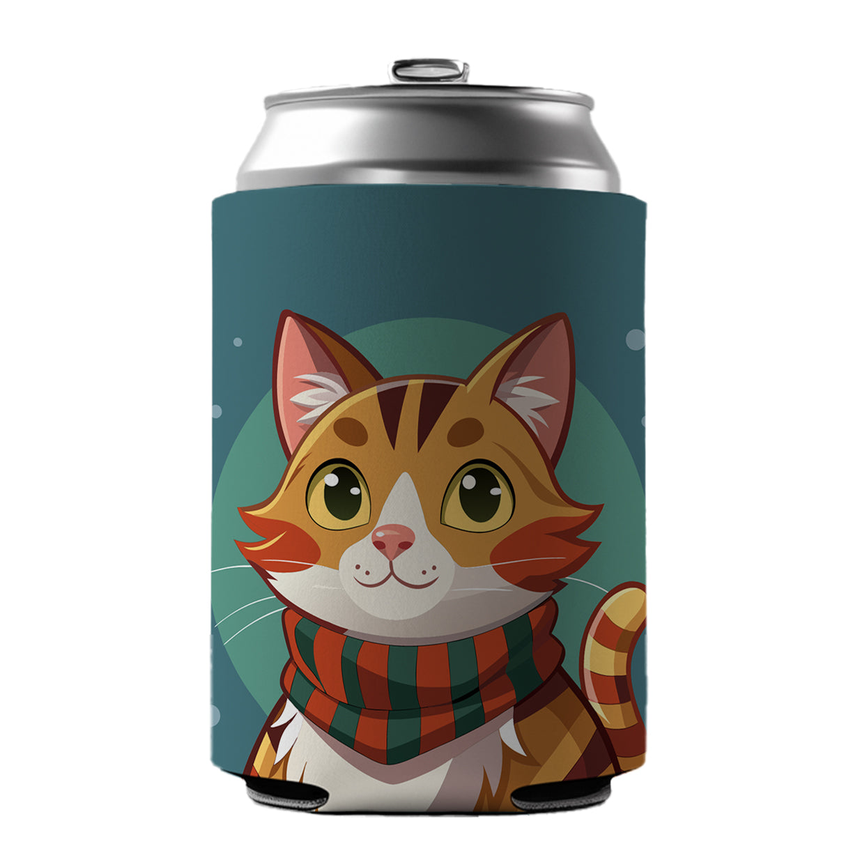 Cat Tabby Wearing Winter Scarf Can Cooler Beer Soda Drink Insulated Holder Sleeve Hugger