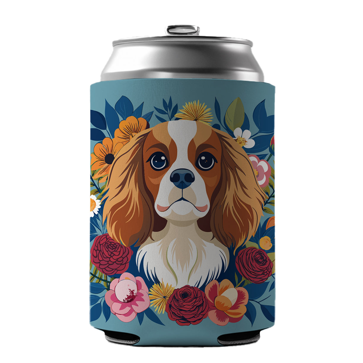 Cavalier King Charles Spaniel Dog Floral Flowers Can Cooler Beer Soda Drink Insulated Holder Sleeve Hugger