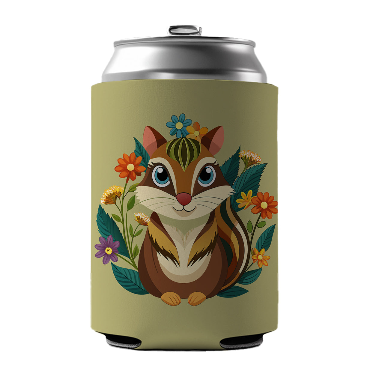 Chipmunk Floral Flowers Can Cooler Beer Soda Drink Insulated Holder Sleeve Hugger
