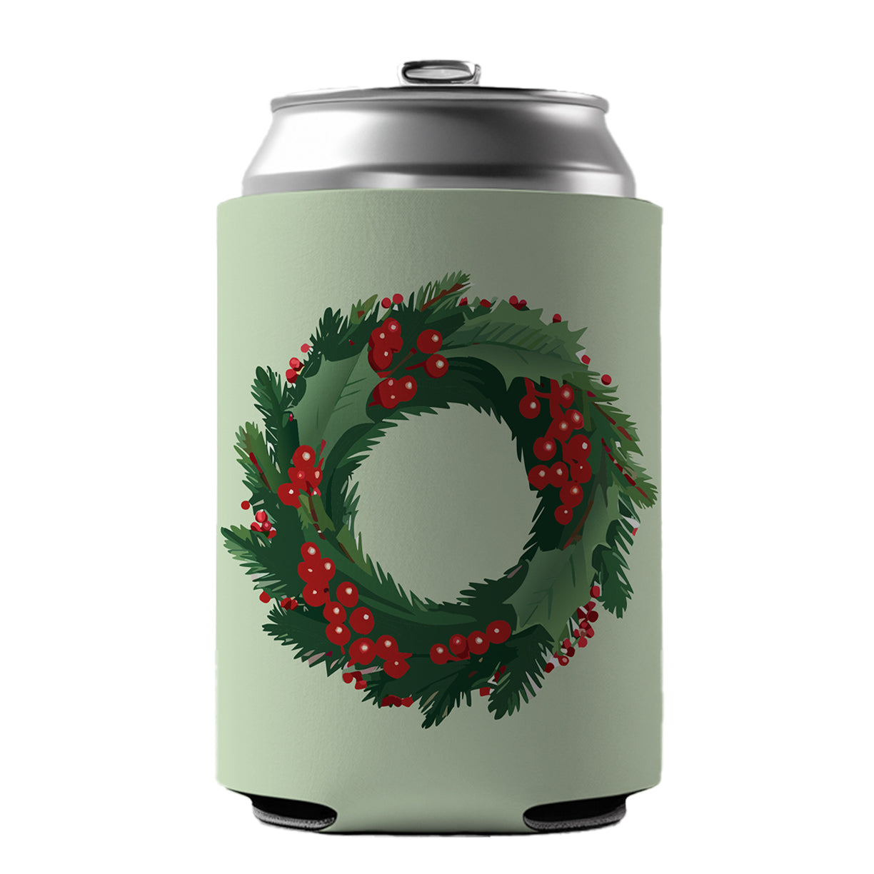 Christmas Wreath Holly Can Cooler Beer Soda Drink Insulated Holder Sleeve Hugger
