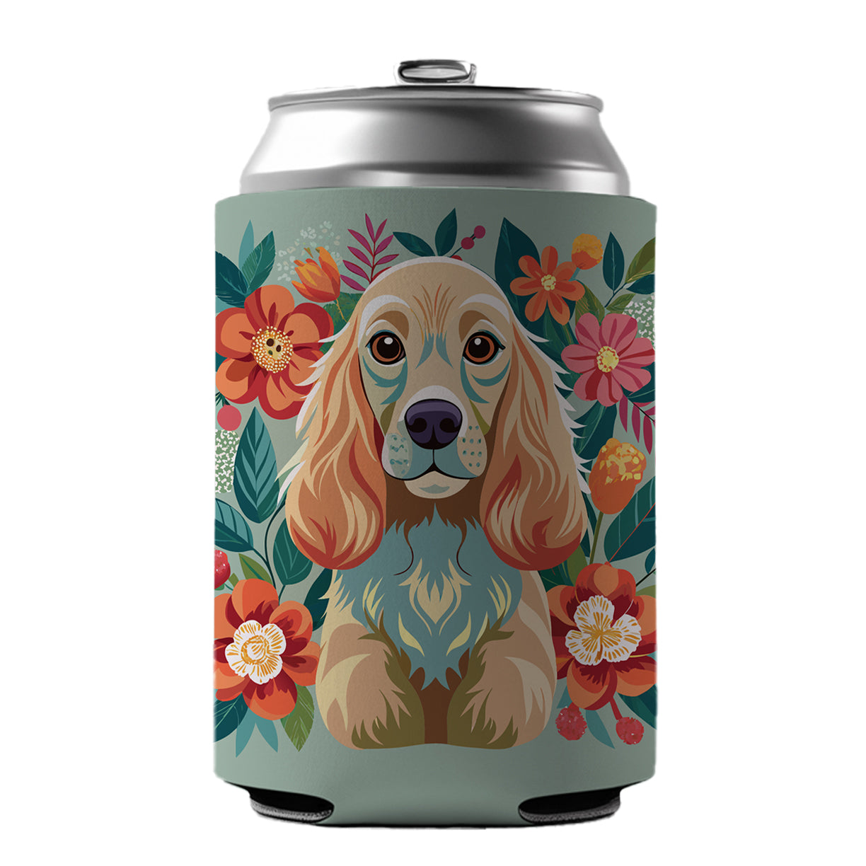 Cocker Spaniel Dog Floral Flowers Can Cooler Beer Soda Drink Insulated Holder Sleeve Hugger
