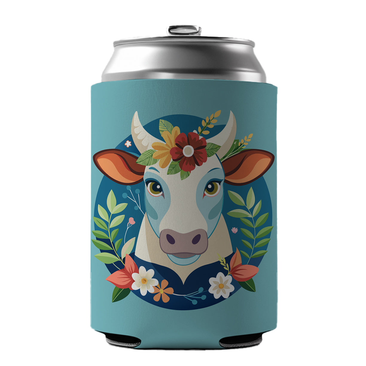 Cow Head Floral Flowers Can Cooler Beer Soda Drink Insulated Holder Sleeve Hugger