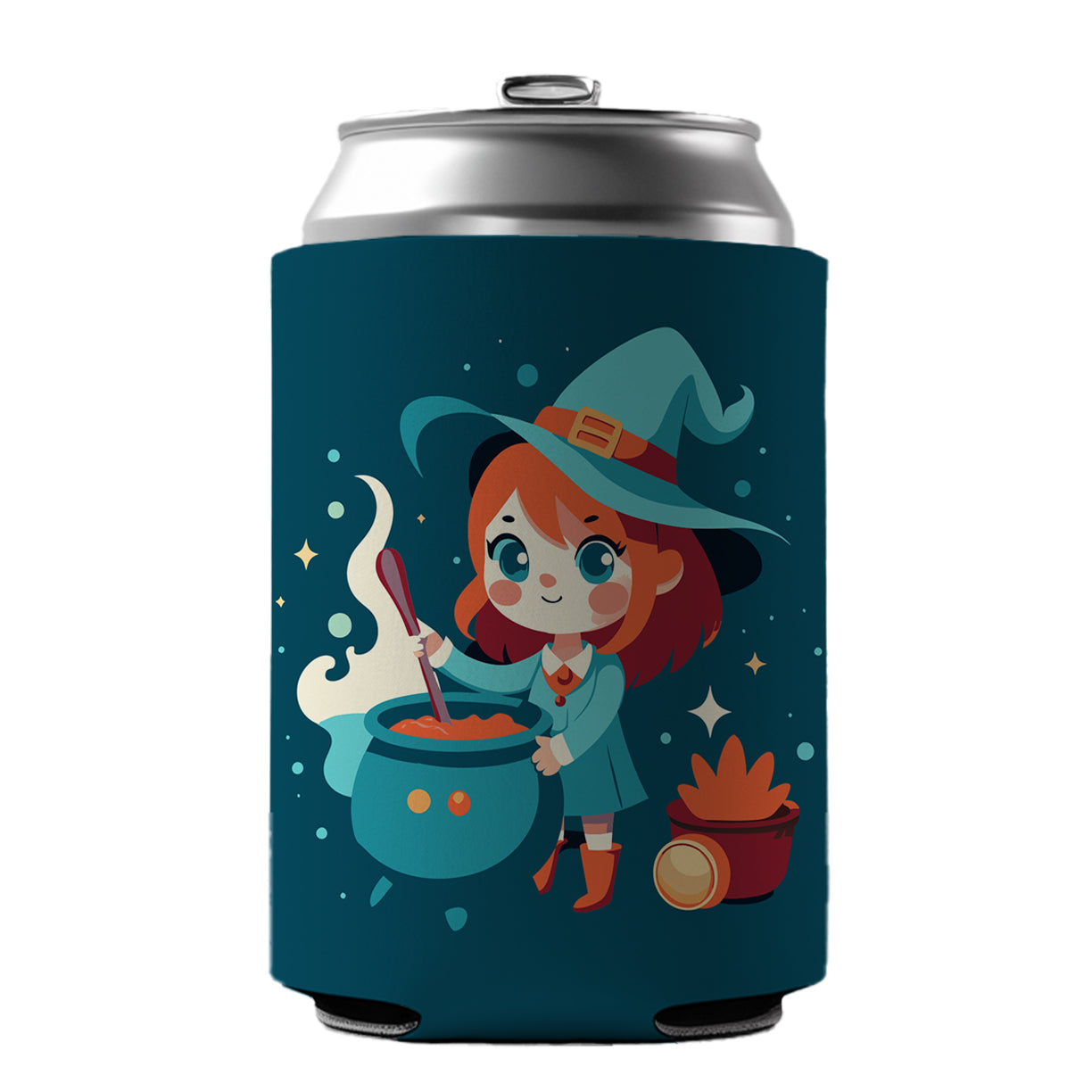 Cute Witch Stirring Cauldron Halloween Can Cooler Beer Soda Drink Insulated Holder Sleeve Hugger