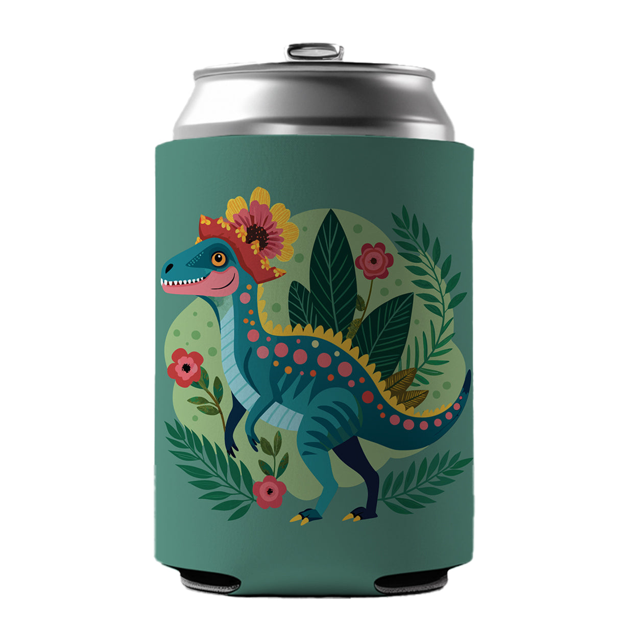 Dinosaur Floral Flowers Funny Can Cooler Beer Soda Drink Insulated Holder Sleeve Hugger