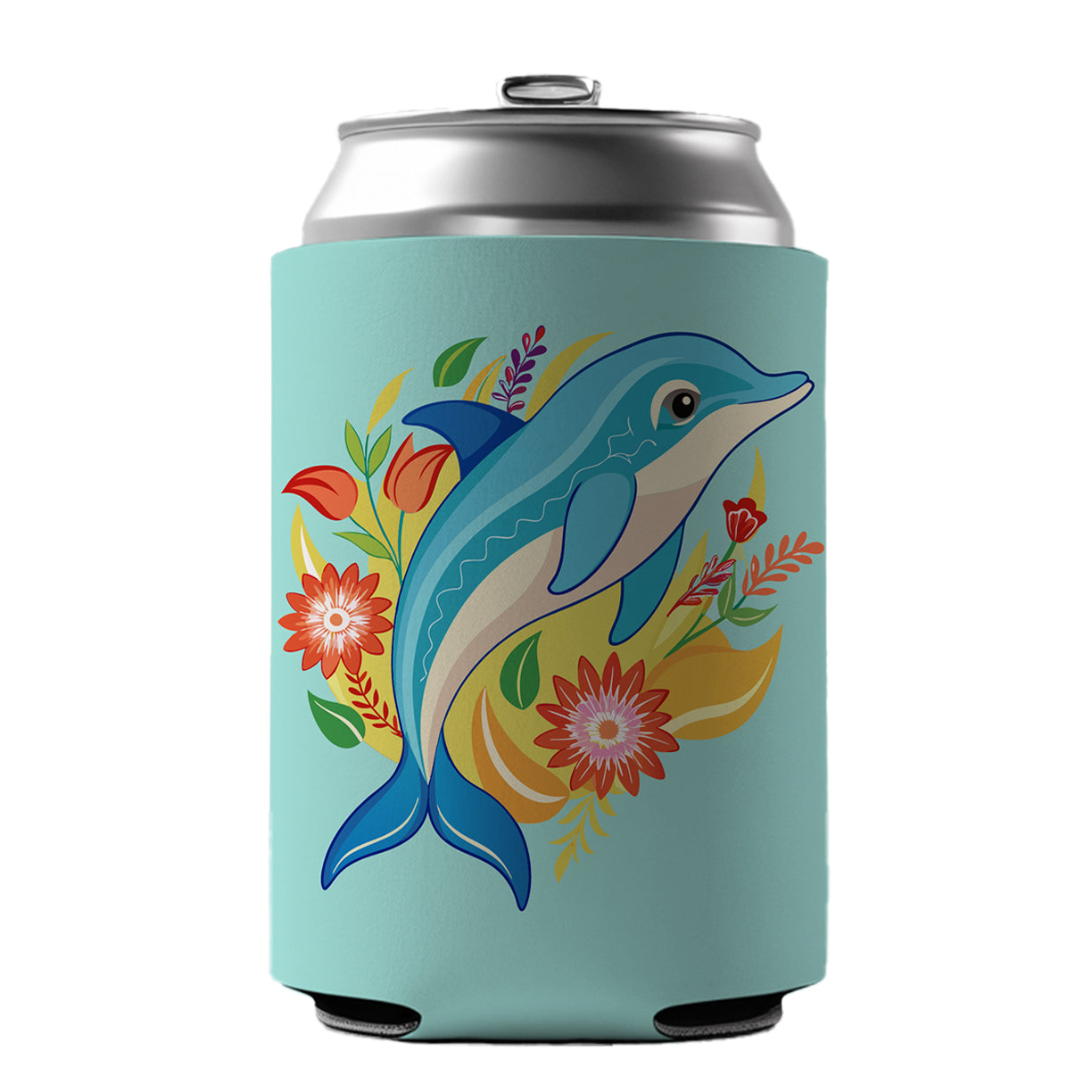 Dolphin Floral Flowers Can Cooler Beer Soda Drink Insulated Holder Sleeve Hugger