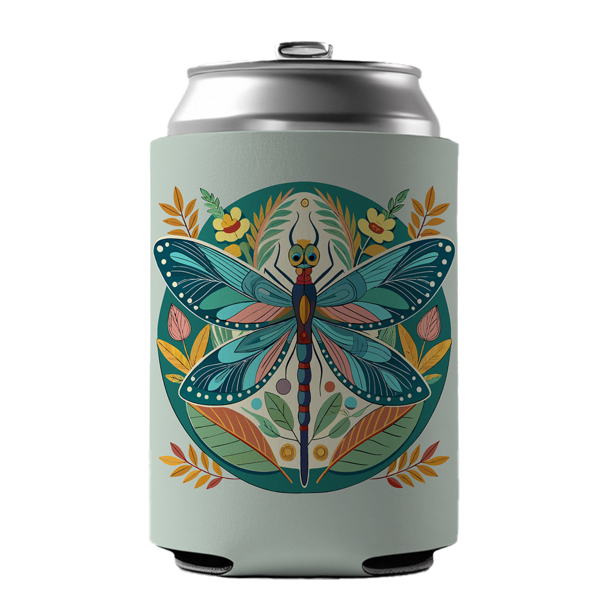 Dragonfly Floral Flowers Can Cooler Beer Soda Drink Insulated Holder Sleeve Hugger