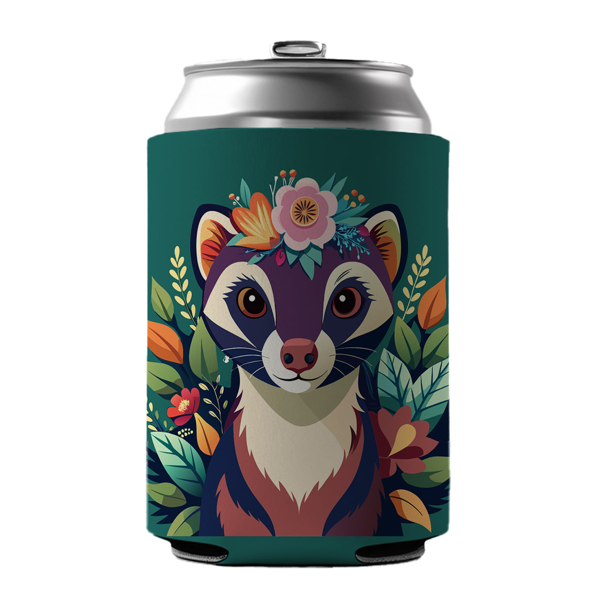 Ferret Head Floral Flowers Can Cooler Beer Soda Drink Insulated Holder Sleeve Hugger