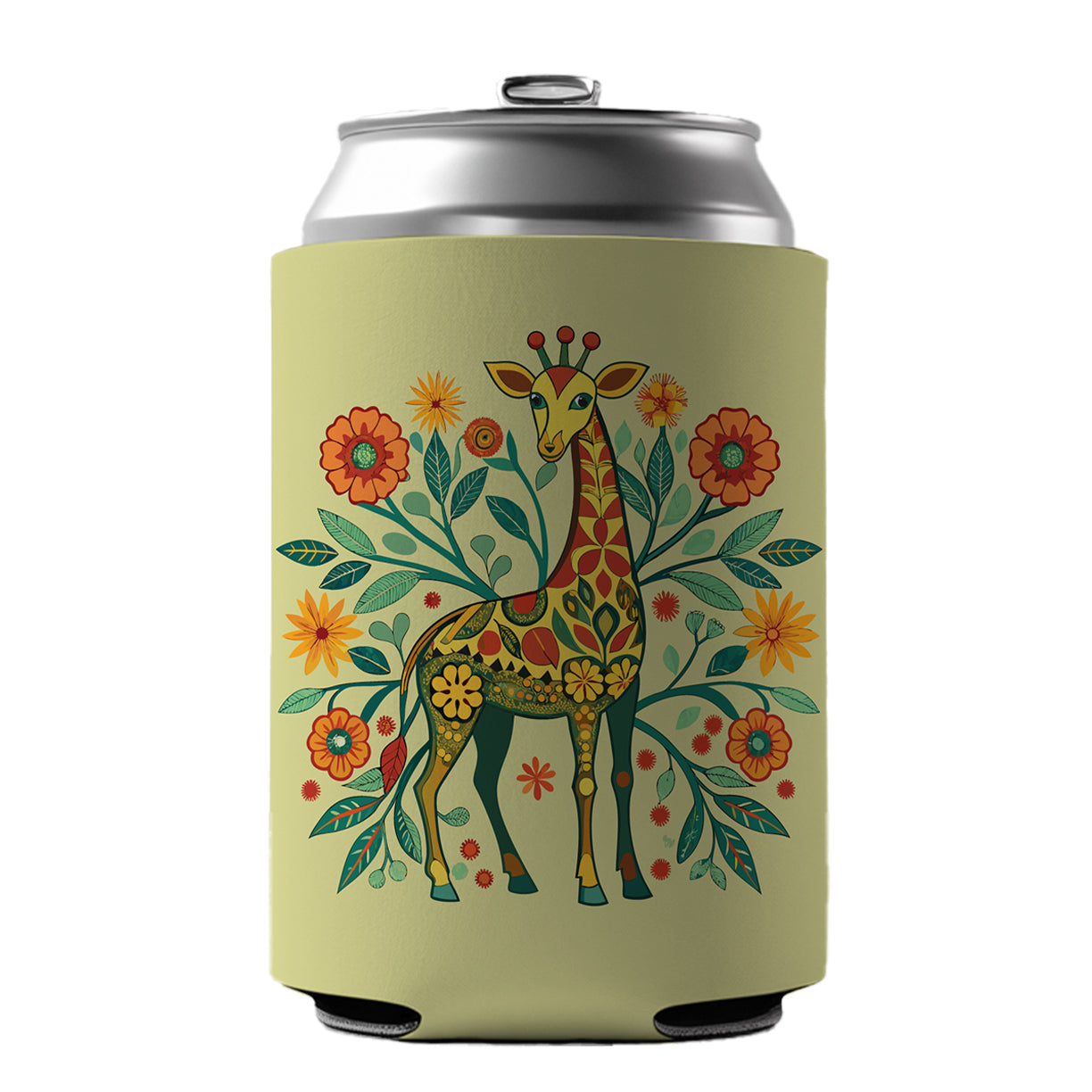 Giraffe Floral Art Nouveau Flowers Elegant Can Cooler Beer Soda Drink Insulated Holder Sleeve Hugger