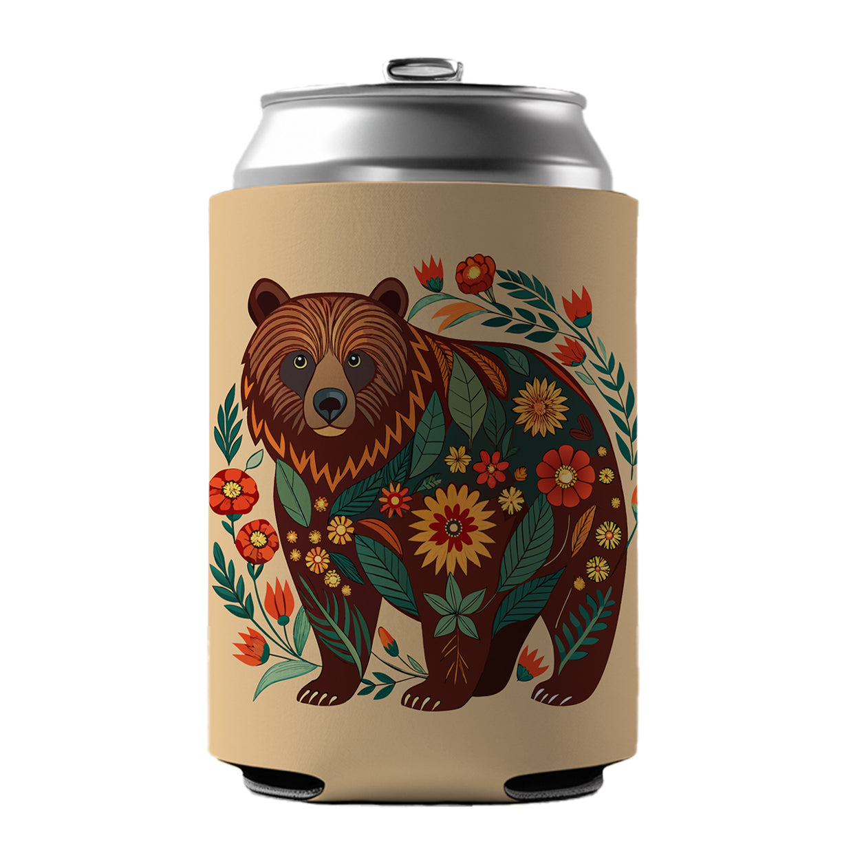 Grizzly Bear Floral Motif Can Cooler Beer Soda Drink Insulated Holder Sleeve Hugger